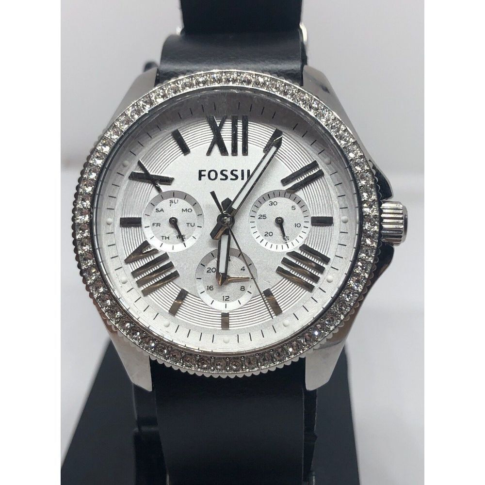 Fossil AM4481 Women's Black Leather Analog Silver Dial Quartz Wrist Watch RK378